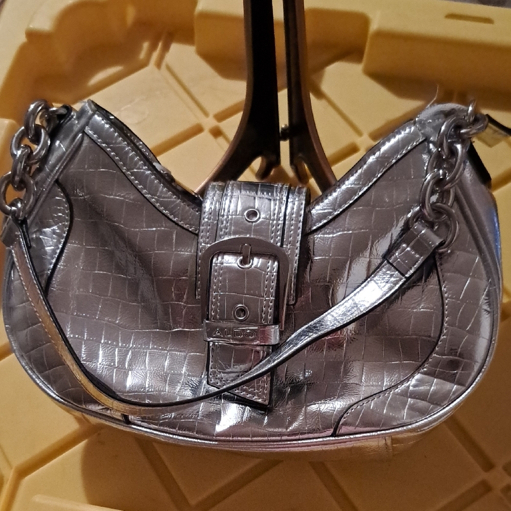 Aldo Metallic Silver Croc-Embossed Shoulder Bag